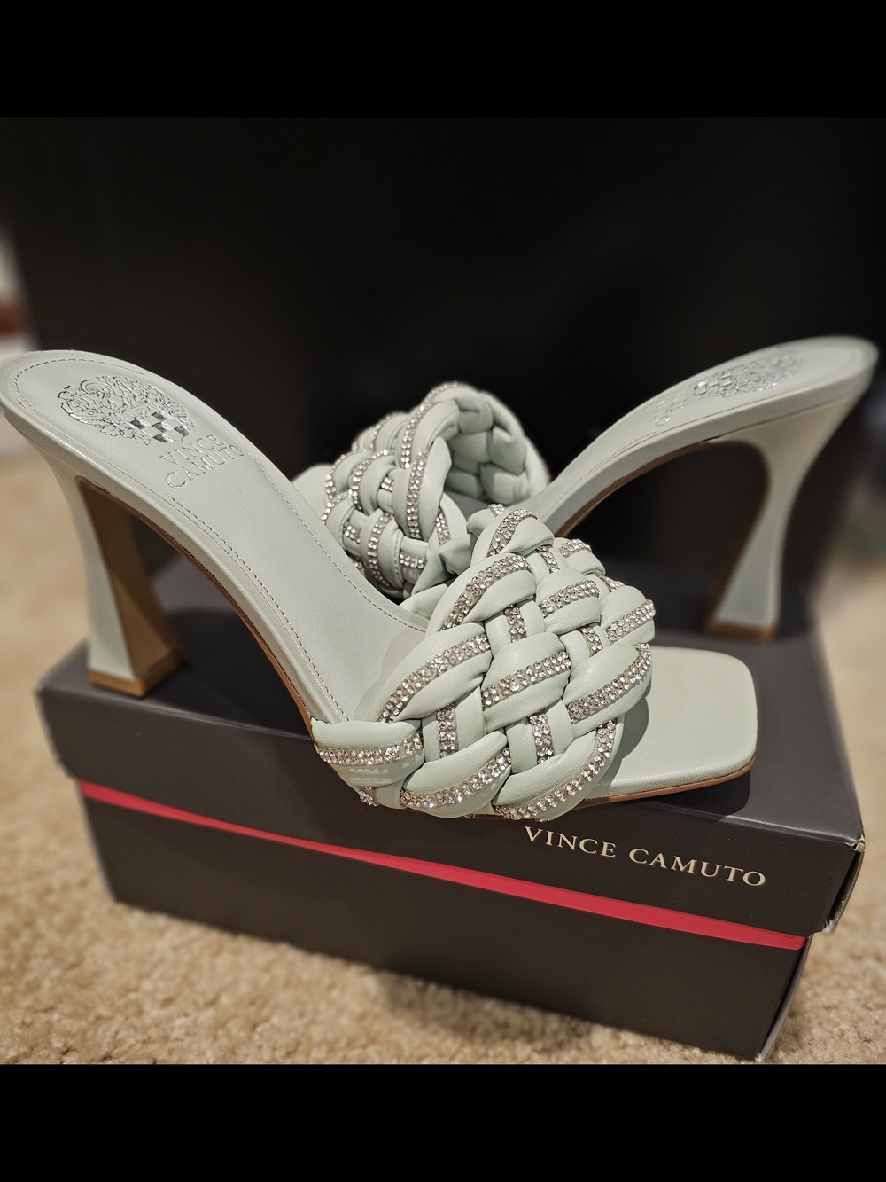 Vince Camuto Braided Crystal-Trim Heeled Slides in Mint